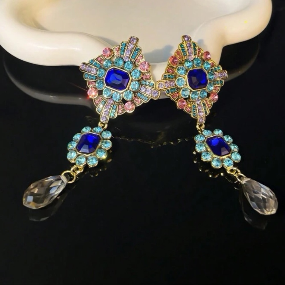 Colorful Crystal, Rhinestone Drop Medallion Dangle Vintage Look Party Earrings - Picture 6 of 10